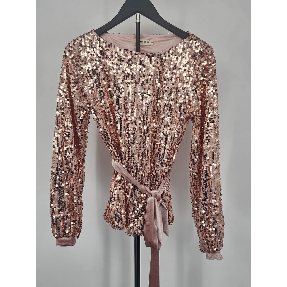 Anna-Kaci Rose Gold Sequin Long Sleeve Tie Waist Party Top YBA0564 Small